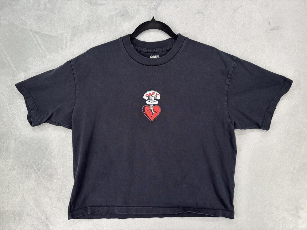 OBEY Shirt Mens Small Black Cropped Relaxed Logo Graphic Cotton Jersey